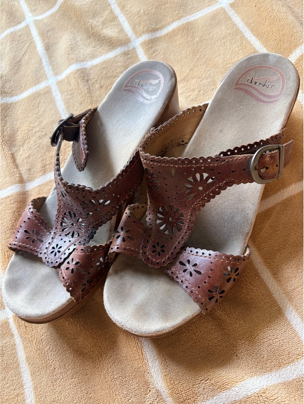 Dansko Brown Leather Wedge Sandals with Floral Cutouts